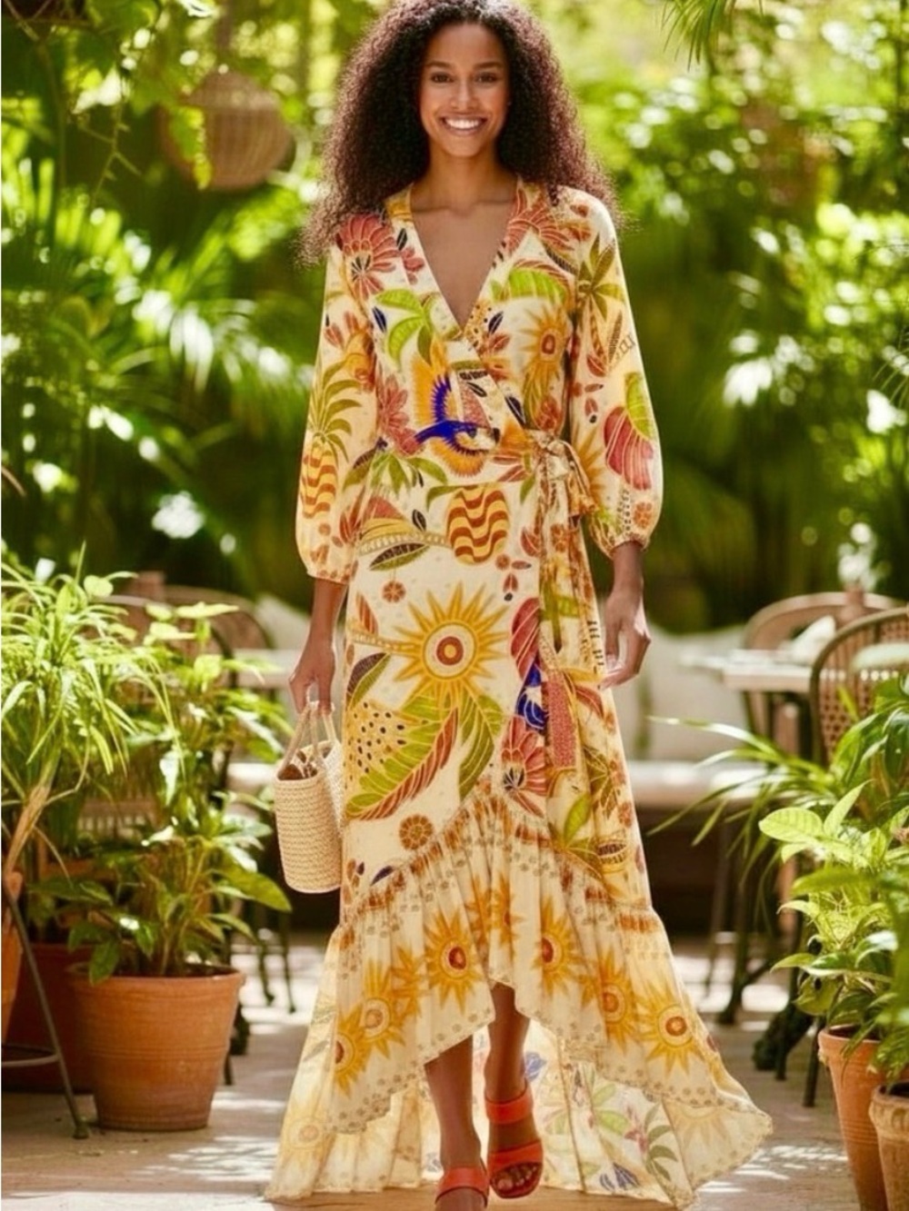 FARM Rio for Anthropologie Tropical Vibrant High-Low Wrap Maxi Dress